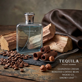 "Tequila Pour Homme perfume bottle displayed with coffee beans and fragrance ingredients."