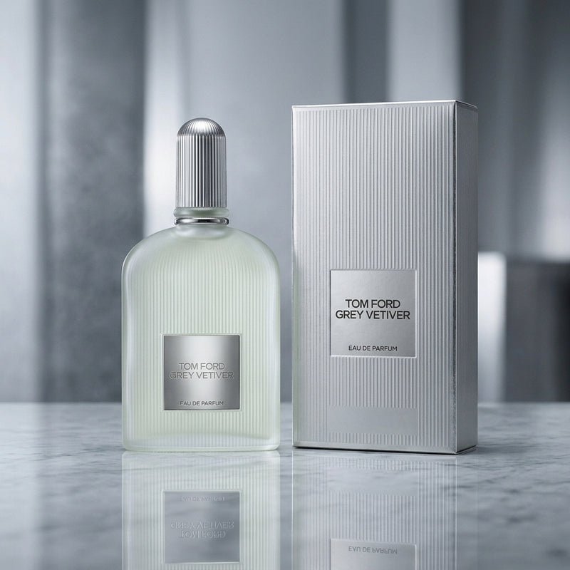 Tom Ford Grey Vetiver Eau de Parfum Retail Box and Bottle Packshot