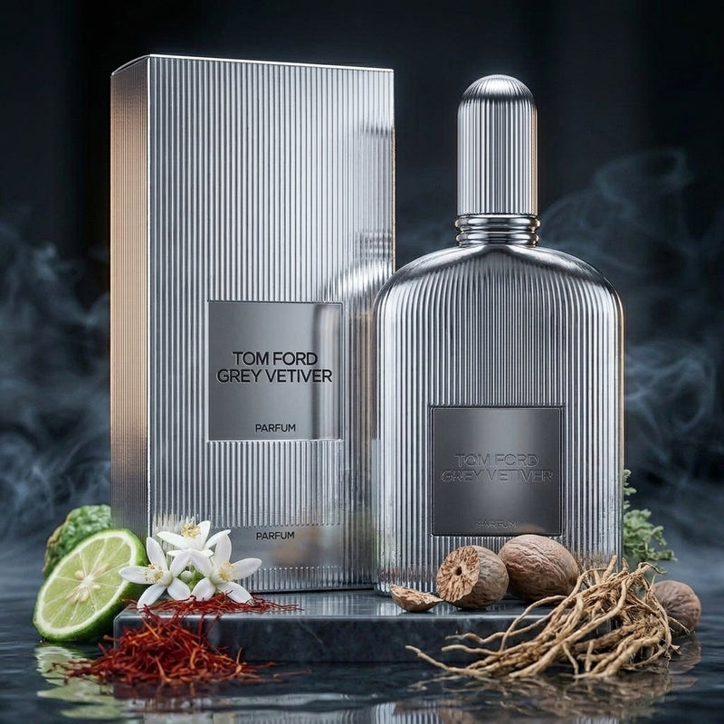 Tom Ford Grey Vetiver Parfum Retail Box and Bottle Packshot