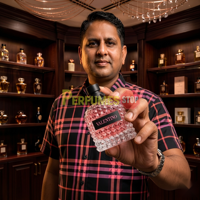 "Perfumes Stop owner holding a bottle of Valentino Born in Roma Donna Eau de Parfum"