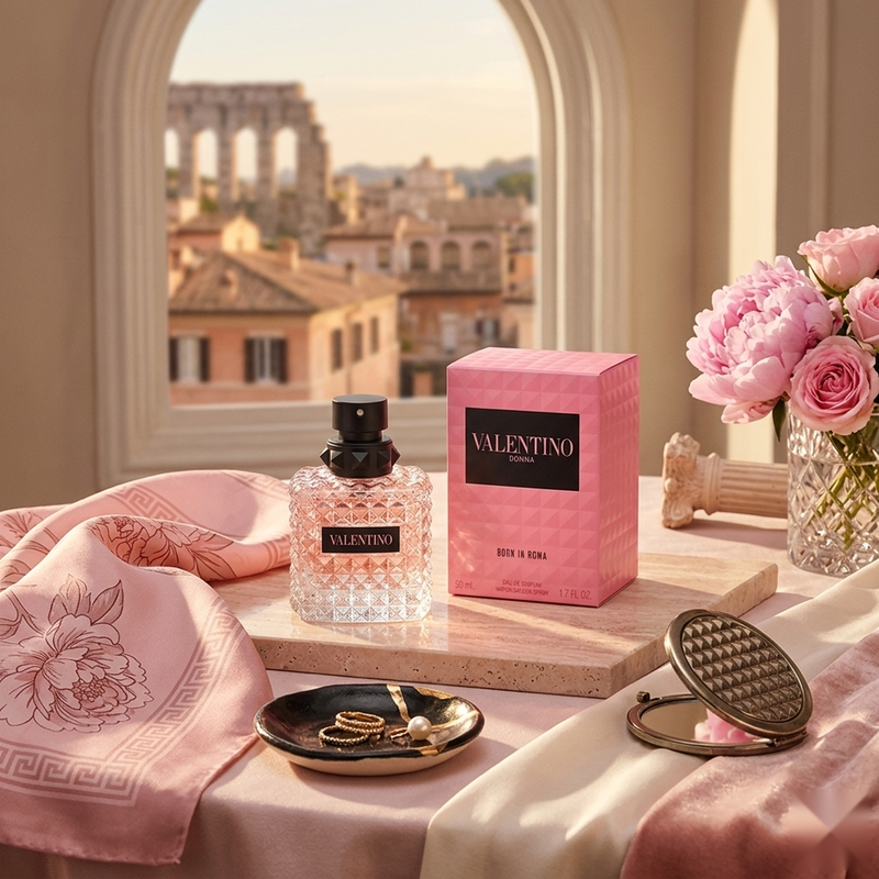 "A pink perfume bottle labeled 'Born in Roma Donna' by Valentino, displayed against a warm architectural background with pink roses and soft golden lighting."