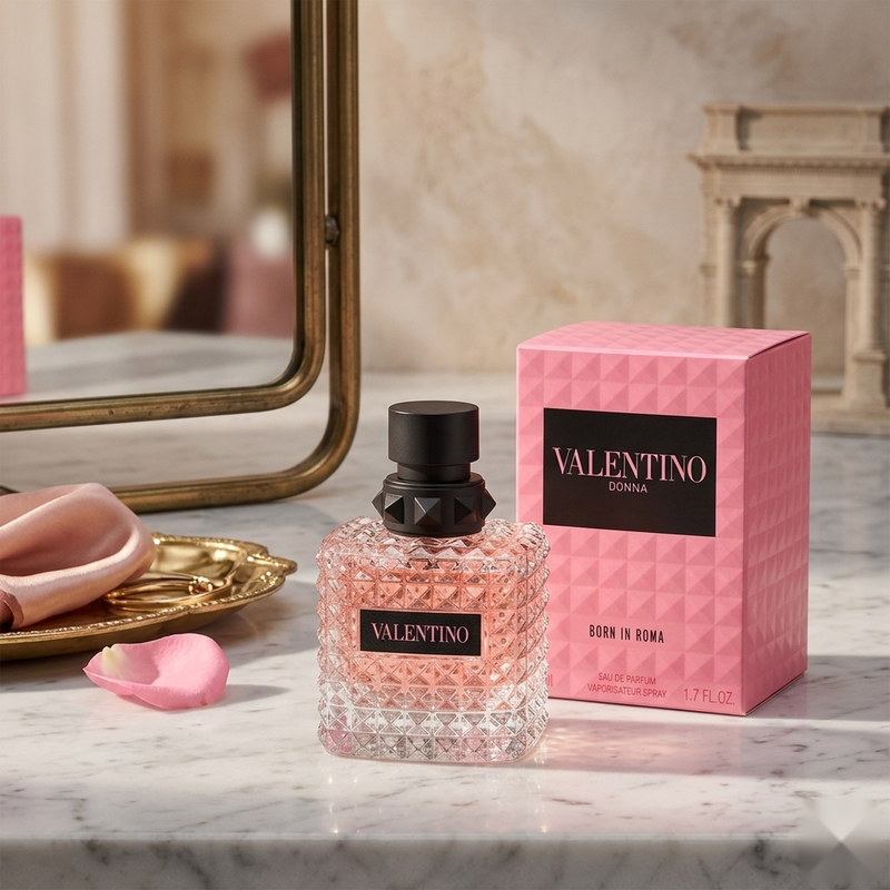 "A bottle of Valentino Born in Roma Donna Eau de Parfum with its matching pink packaging box, featuring floral decorations, set against a warm, elegant background with soft lighting."