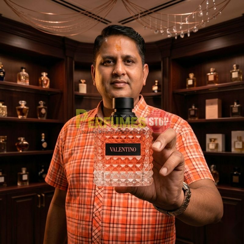 "Perfumes Stop owner holding a bottle of Valentino Born in Roma Donna Coral Fantasy Eau de Parfum"