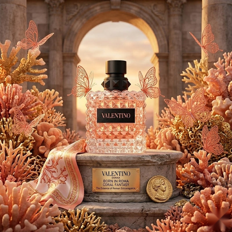 "A pink perfume bottle labeled 'Born in Roma Donna Coral Fantasy' by Valentino, displayed against a warm, elegant background with pink roses, flowers, and soft golden lighting."