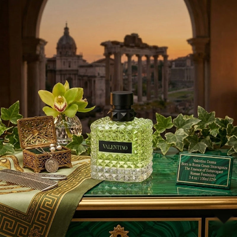 "A green perfume bottle labeled 'Born in Roma Donna Green Stravaganza' by Valentino, displayed against a dramatic architectural background with green foliage and warm golden lighting."