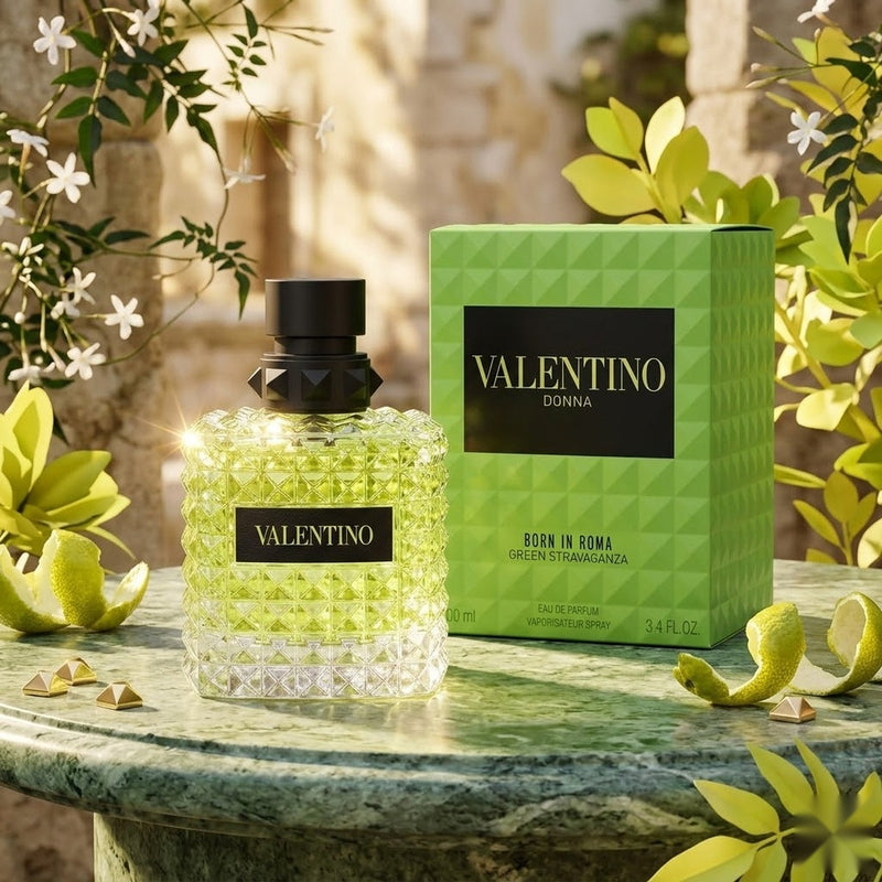 "A bottle of Valentino Born in Roma Donna Green Stravaganza Eau de Parfum with its matching green packaging box, featuring green tea leaves and floral decorations, set against a fresh, elegant background with soft lighting."