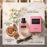 "A perfume bottle labeled 'Born in Roma Donna' by Valentino, styled with jasmine sambac, cashmeran, vanilla bourbon, and other fragrance ingredients against a warm beige background with soft lighting."