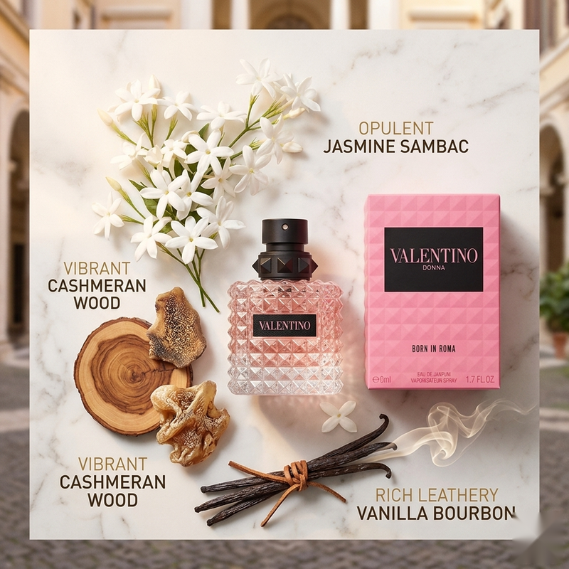 "A perfume bottle labeled 'Born in Roma Donna' by Valentino, styled with jasmine sambac, cashmeran, vanilla bourbon, and other fragrance ingredients against a warm beige background with soft lighting."