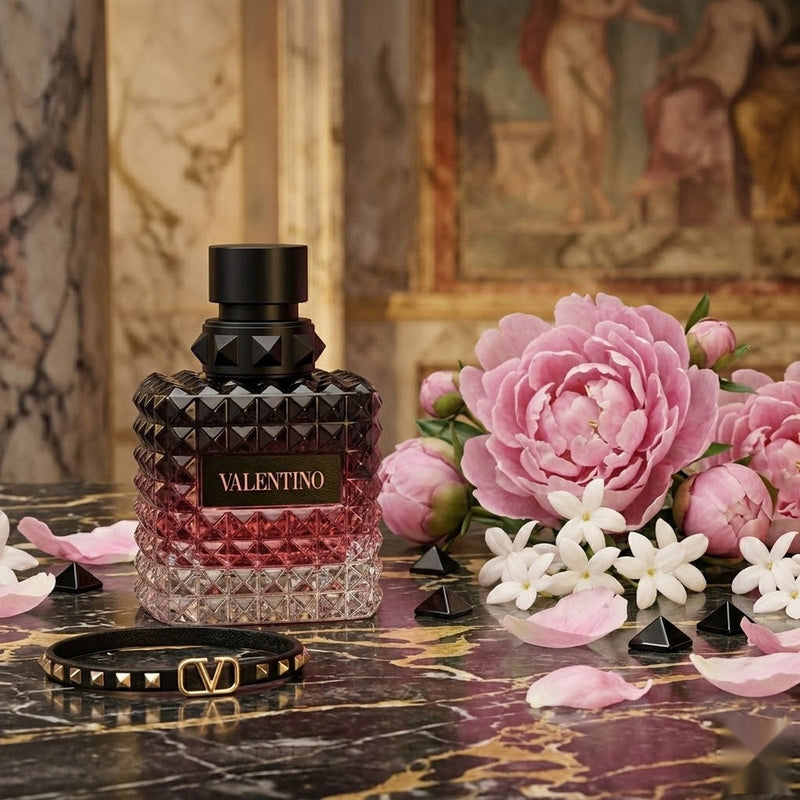 "A dark pink perfume bottle labeled 'Born in Roma Donna Intense' by Valentino, displayed against a floral background with pink roses and warm golden lighting."