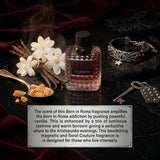 "A perfume bottle labeled 'Born in Roma Donna Intense' by Valentino, styled with jasmine flowers, vanilla, benzoin, and other fragrance ingredients against a dramatic dark background with soft lighting."