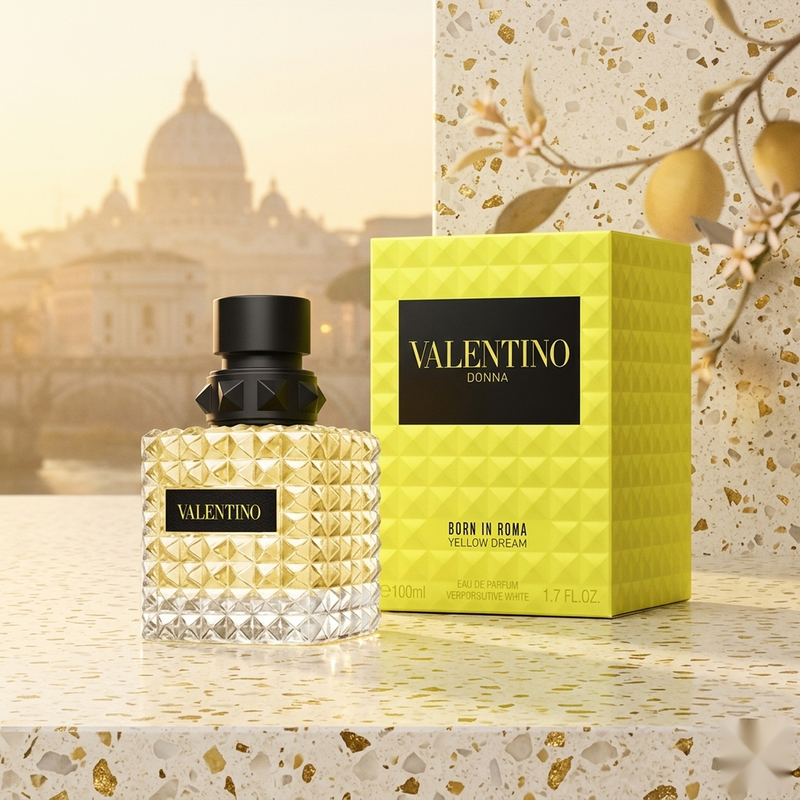 "A bottle of Valentino Born in Roma Donna Yellow Dream Eau de Parfum with its matching yellow packaging box, featuring yellow roses and citrus