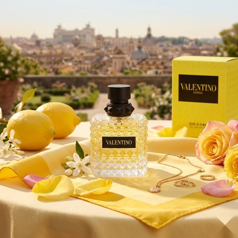"A perfume bottle labeled 'Sun-Gria' by Lorenzo Pazzaglia, styled with blood orange, mandarin, lemon, bergamot, green notes, ginger, cinnamon, clove, pink pepper, apple, blackcurrant, peach, raspberry, red grape, red wine, Turkish rose, cardamom, and other fragrance ingredients against a dramatic background with citrus fruits, grapes, and red wine."