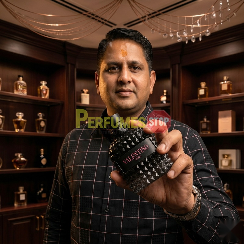 "Perfumes Stop owner holding a bottle of Valentino Born in Roma Uomo Eau de Toilette"
