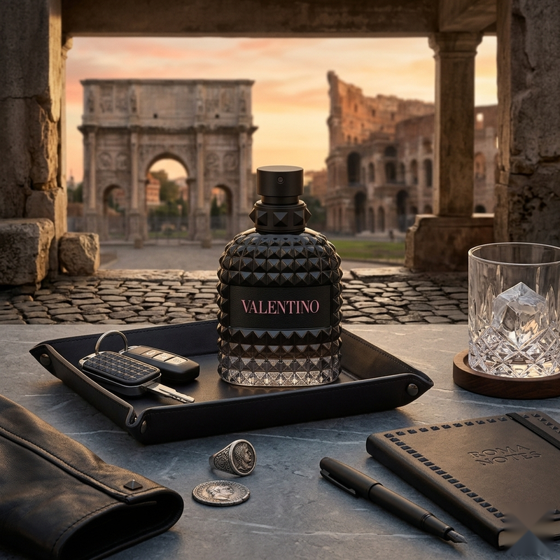 "A black perfume bottle labeled 'Born in Roma Uomo' by Valentino, featuring a textured geometric design, set against a dramatic architectural background with warm golden lighting."