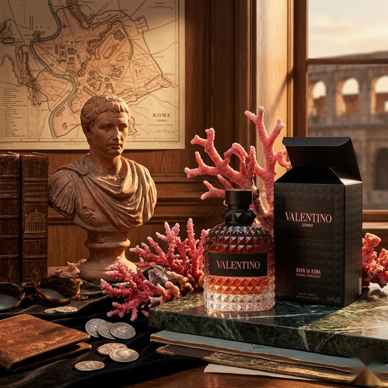 "An orange perfume bottle labeled 'Born in Roma Uomo Coral Fantasy' by Valentino, featuring a textured geometric design, set against a dramatic background with warm golden lighting."