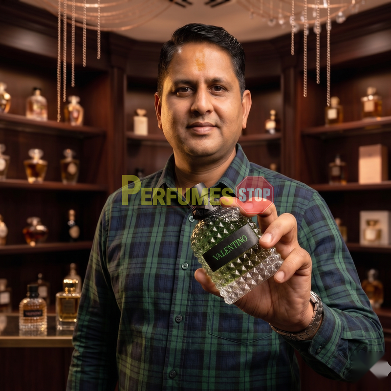 "Perfumes Stop owner holding a bottle of Valentino Born in Roma Uomo Green Stravaganza Eau de Toilette"