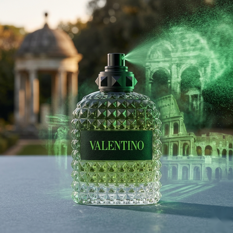 "A green perfume bottle labeled 'Born in Roma Uomo Green Stravaganza' by Valentino, featuring a textured geometric design, set against a dramatic green background with coffee beans, green citrus fruits, and soft lighting."