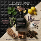 "A perfume bottle labeled 'Born in Roma Uomo' by Valentino, styled with violet leaf, ginger, cedar, sage, lavender, vetiver, akigalawood, and guaiac wood against a dramatic dark background with green leaves, citrus fruits, lavender, and warm lighting."