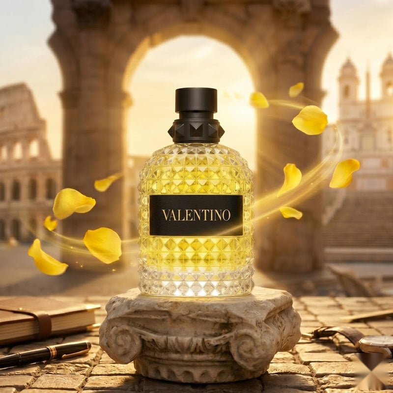"A yellow perfume bottle labeled 'Born in Roma Uomo Yellow Dream' by Valentino, featuring a textured geometric design, set against a bright golden background with citrus fruits and warm lighting."