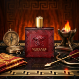 "Versace Eros Flame EDP Spray 3.4oz / 100ml for Men perfume bottle displayed in a warm, fiery setting."