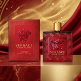 "Versace Eros Flame EDP Spray 3.4oz / 100ml for Men perfume bottle and matching red box."