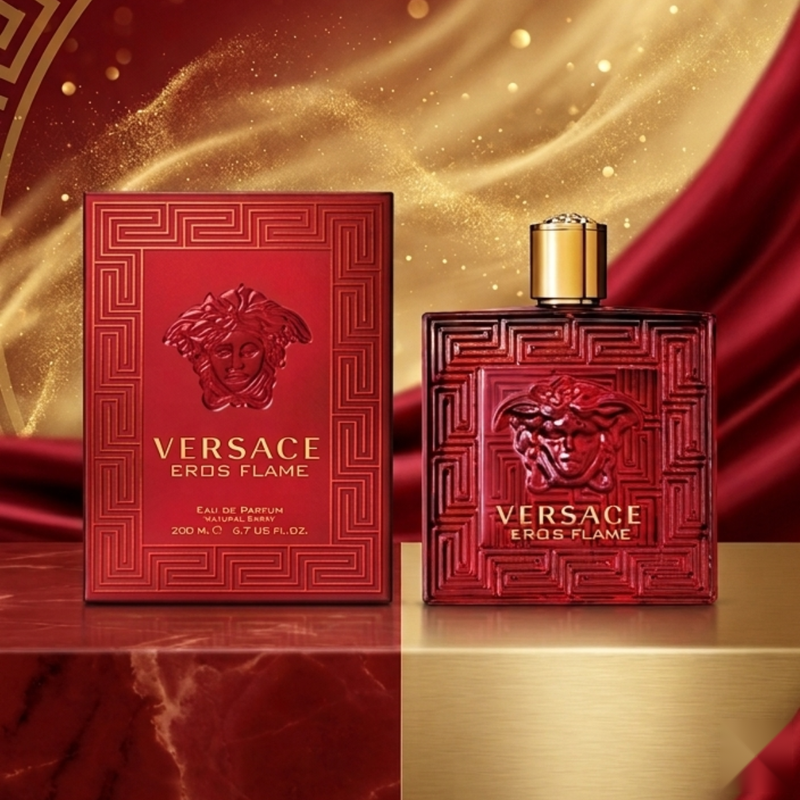 "Versace Eros Flame EDP Spray 3.4oz / 100ml for Men perfume bottle and matching red box."