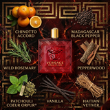 "Versace Eros Flame EDP perfume bottle displayed with chinotto, black pepper, rosemary and decorative fragrance ingredients."
