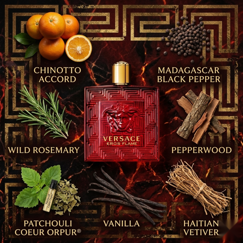 "Versace Eros Flame EDP perfume bottle displayed with chinotto, black pepper, rosemary and decorative fragrance ingredients."