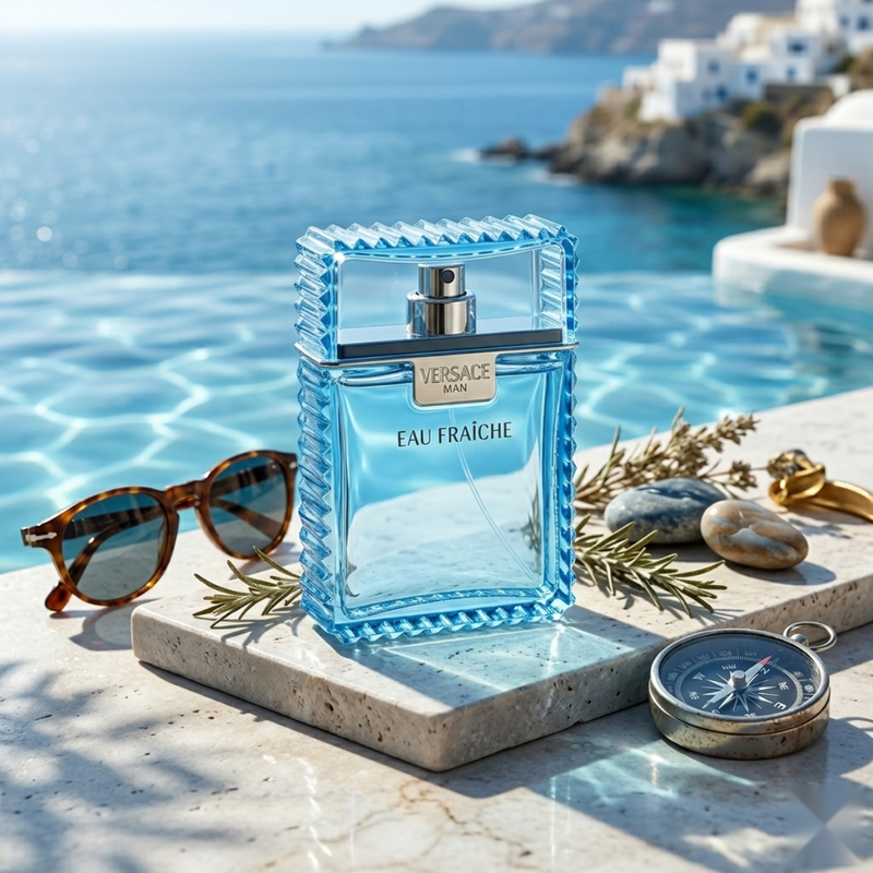 "Versace Man Eau Fraiche EDT Spray 3.4oz / 100ml perfume bottle displayed in a coastal setting."