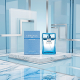 "Versace Man Eau Fraiche EDT Spray 3.4oz / 100ml perfume bottle and matching blue box."