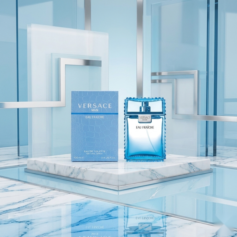 "Versace Man Eau Fraiche EDT Spray 3.4oz / 100ml perfume bottle and matching blue box."