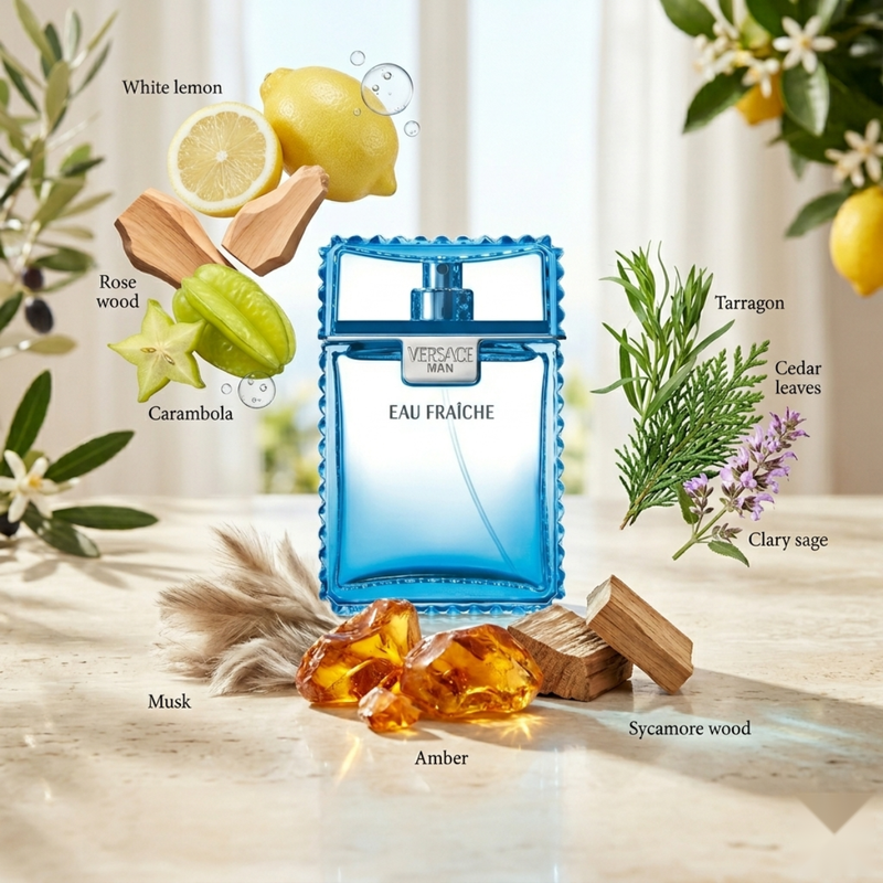 "Versace Man Eau Fraiche EDT perfume bottle displayed with lemon, rosewood, carambola and decorative fragrance ingredients."