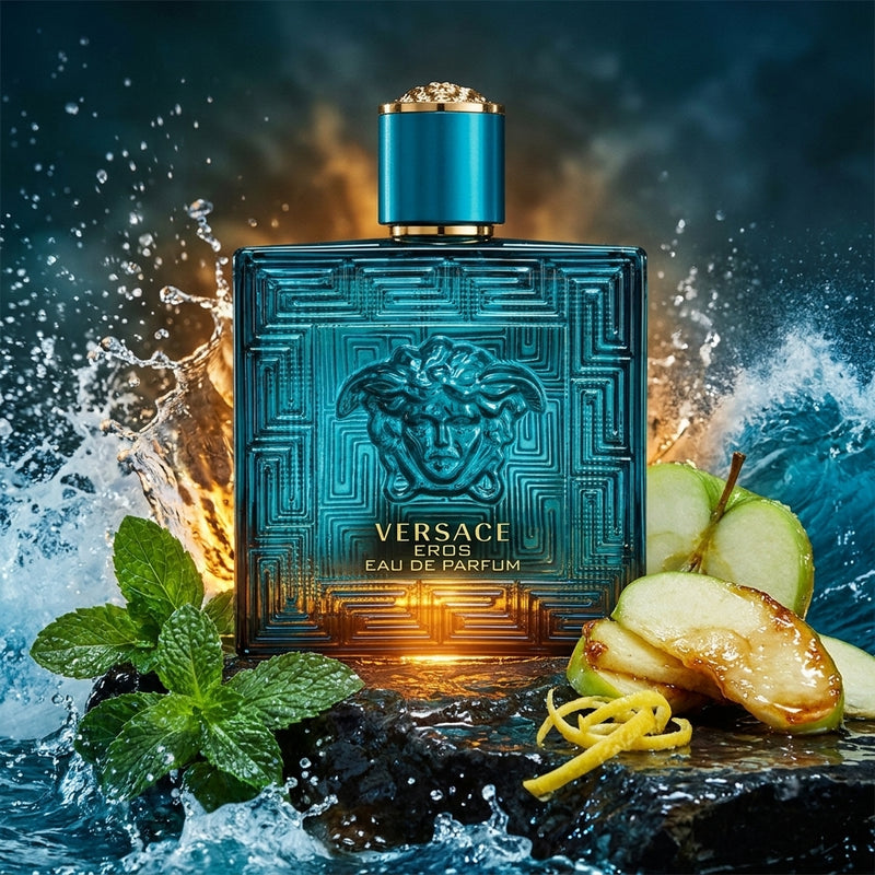 Versace Eros Eau de Parfum Luxury Editorial Hero Shot with Crashing Waves, Mint and Candied Apple