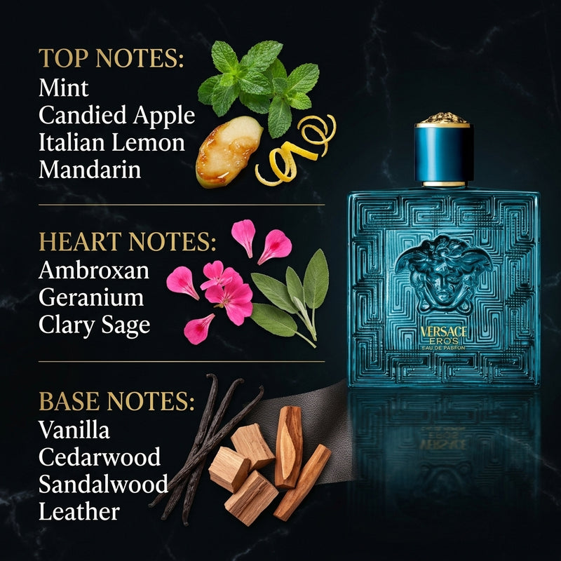 Versace Eros Eau de Parfum Olfactory Notes Pyramid Breakdown: Mint, Candied Apple, Ambroxan, Vanilla and Cedarwood