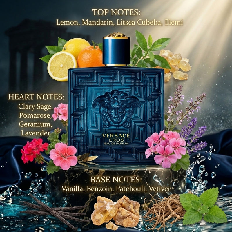 Versace Eros Parfum Spray for Men Olfactory Fragrance Notes Ingredients Pyramid - Top, Heart, Base Notes